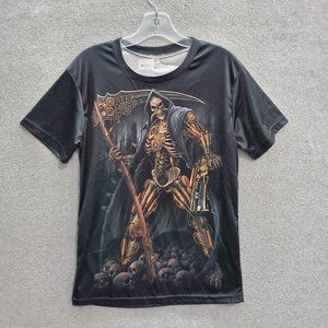 Steampunk Skeleton Grim Reaper Men T-Shirt Small Black Gun Warrior Bones Graphic
